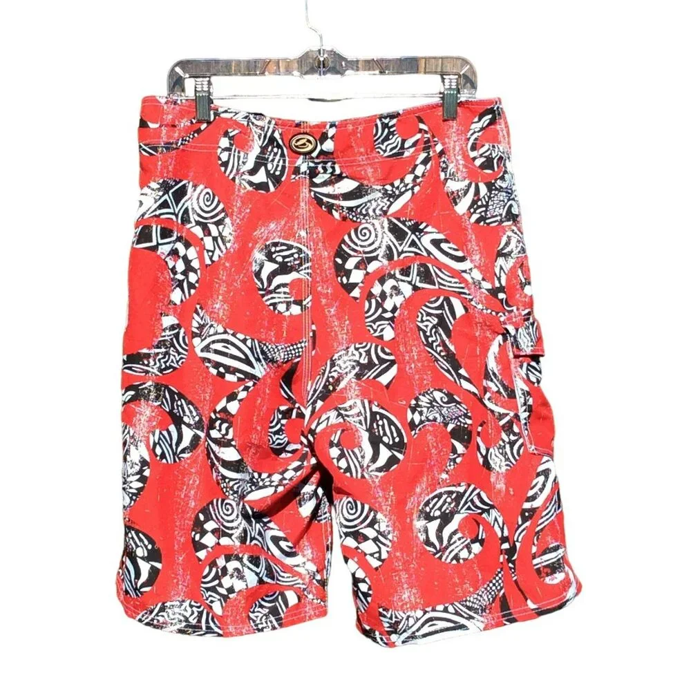 Kirra Mens Size 32 Red Black White Abstract Board Shorts Swim Trunks‎